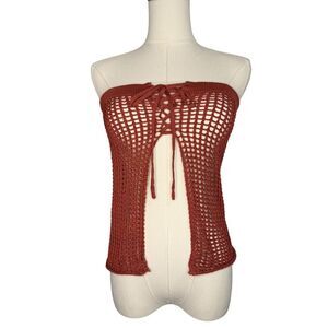 Hot Kiss Women’s Small Crochet Split Front Tube Top Burnt Orange